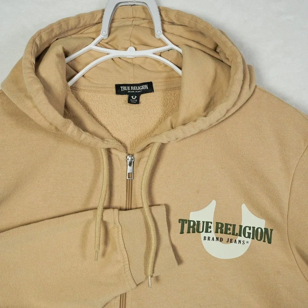 True Religion Mens XL Tan Beige Full Zip Horseshoe Hoodie Sweatshirt 53660-00